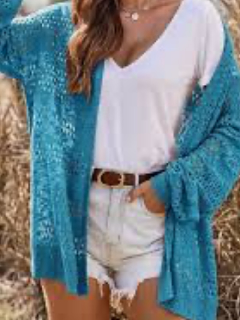 Open-Weave Coral blue Women's Cardigan Sweater